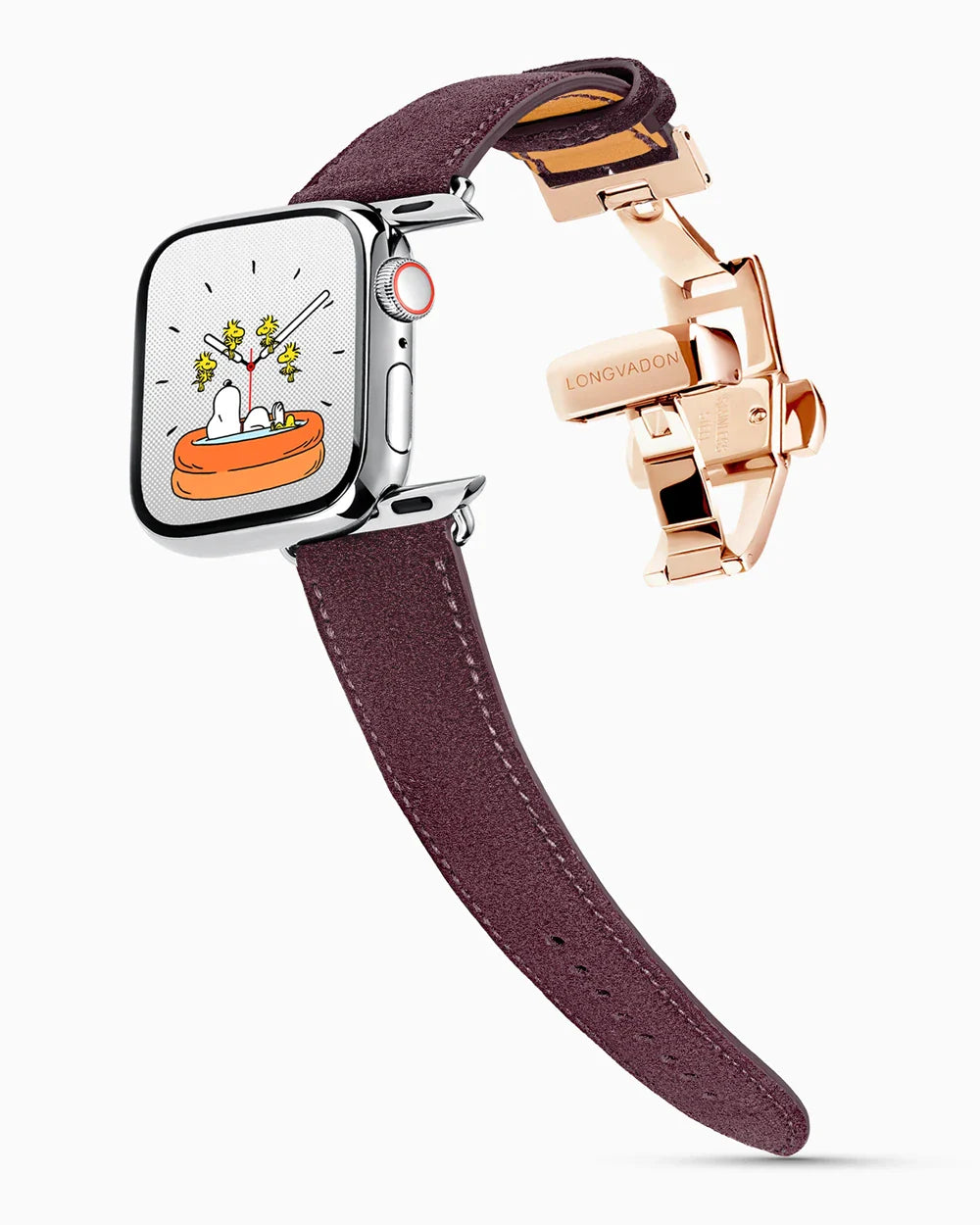 Janus Suede luxury Apple Watch leather band on a Series 9 Apple Watch