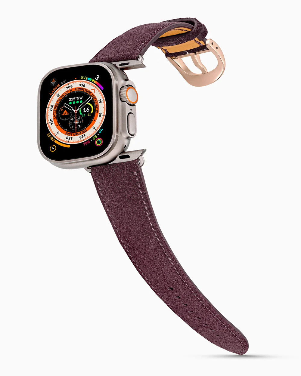 Janus Suede luxury Apple Watch leather band on an Apple Watch Ultra