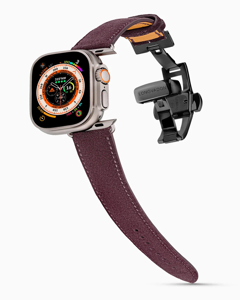 Janus Suede luxury Apple Watch leather band on an Apple Watch Ultra