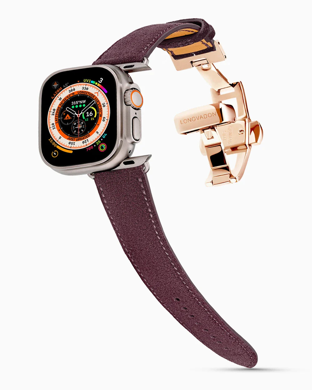 Janus Suede luxury Apple Watch leather band on an Apple Watch Ultra