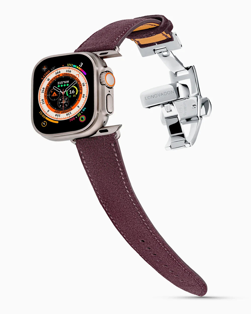 Janus Suede luxury Apple Watch leather band on an Apple Watch Ultra