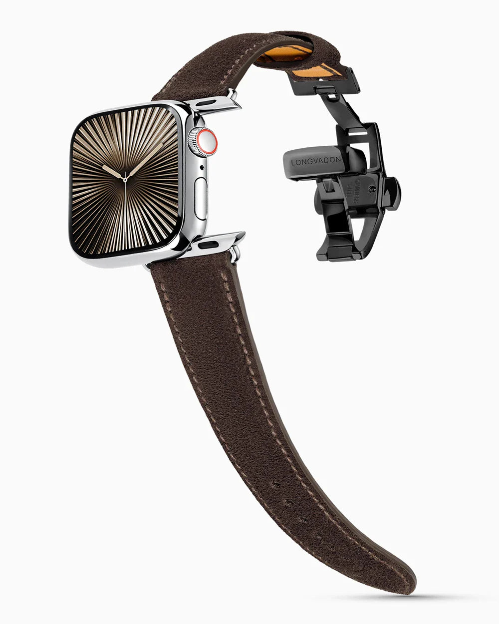 Janus Suede luxury Apple Watch leather band on a Series 10 Apple Watch