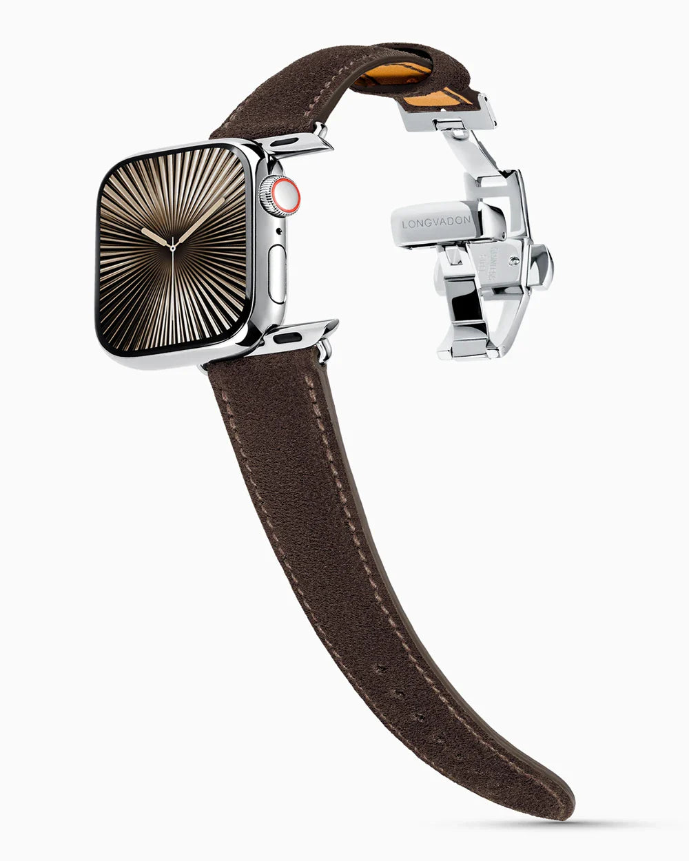 Janus Suede luxury Apple Watch leather band on a Series 10 Apple Watch