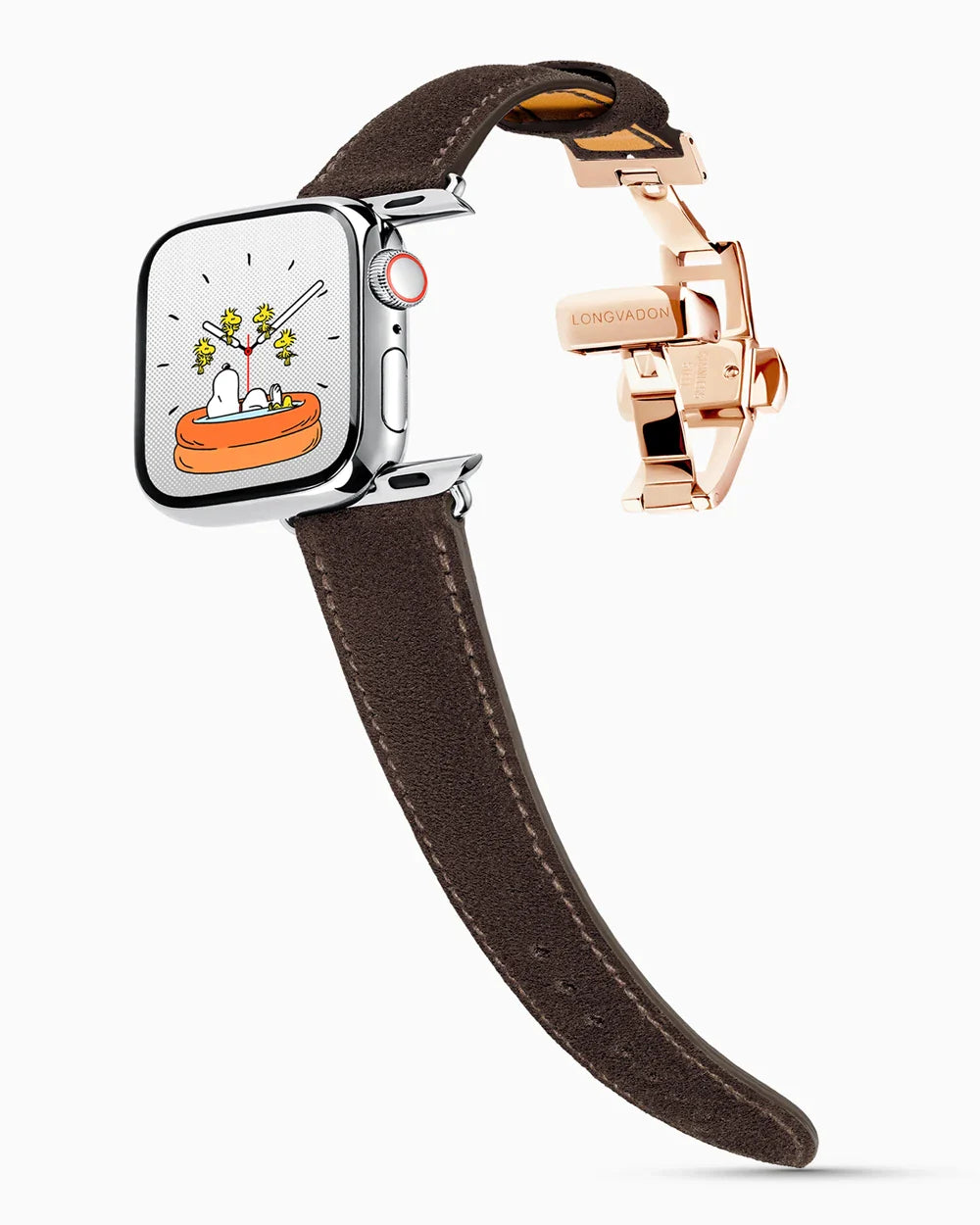 Janus Suede luxury Apple Watch leather band on a Series 9 Apple Watch