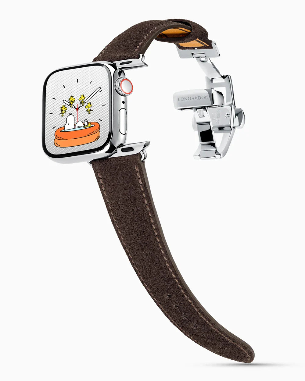 Janus Suede luxury Apple Watch leather band on a Series 9 Apple Watch