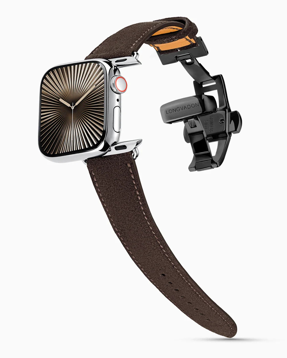 Janus Suede luxury Apple Watch leather band on a Series 10 Apple Watch