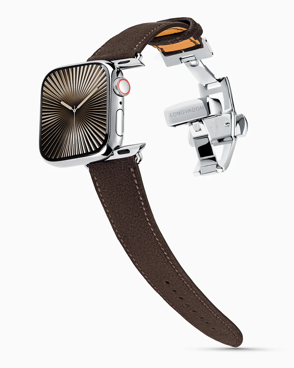 Janus Suede luxury Apple Watch leather band on a Series 10 Apple Watch