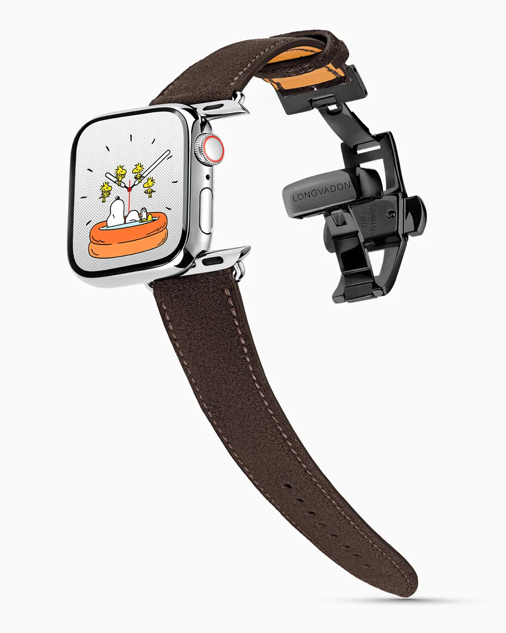 Janus Suede luxury Apple Watch leather band on a Series 9 Apple Watch