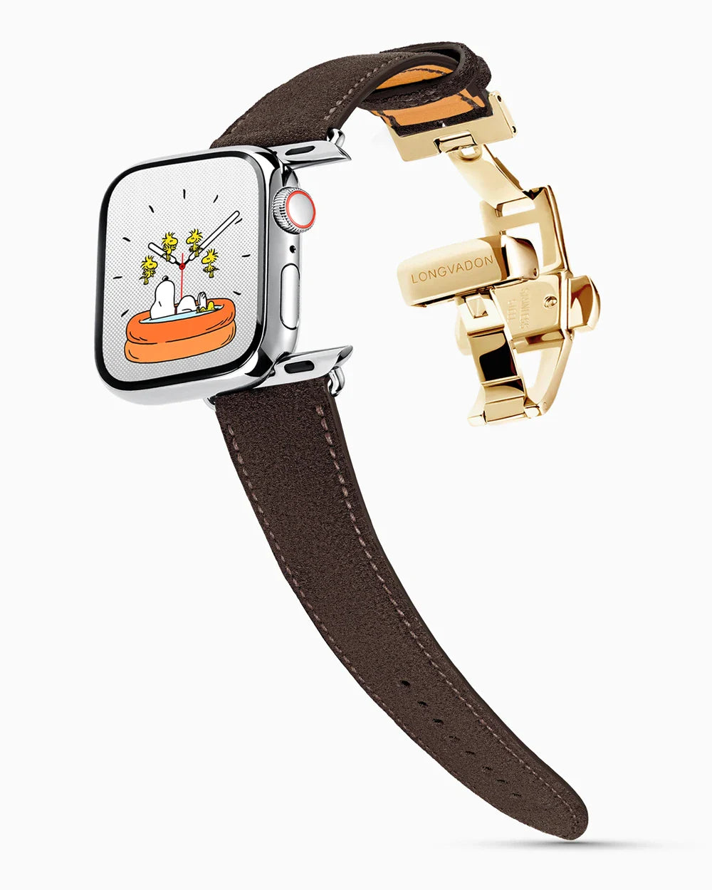 Janus Suede luxury Apple Watch leather band on a Series 9 Apple Watch