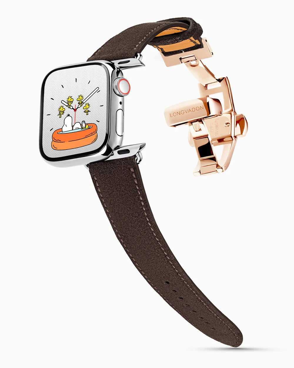 Janus Suede luxury Apple Watch leather band on a Series 9 Apple Watch