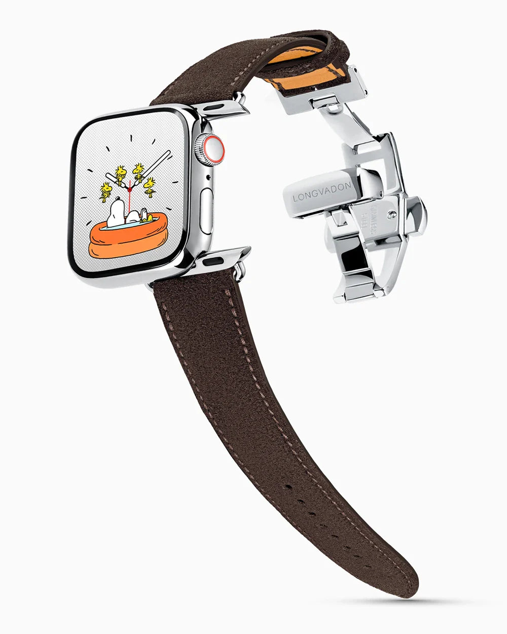 Janus Suede luxury Apple Watch leather band on a Series 9 Apple Watch