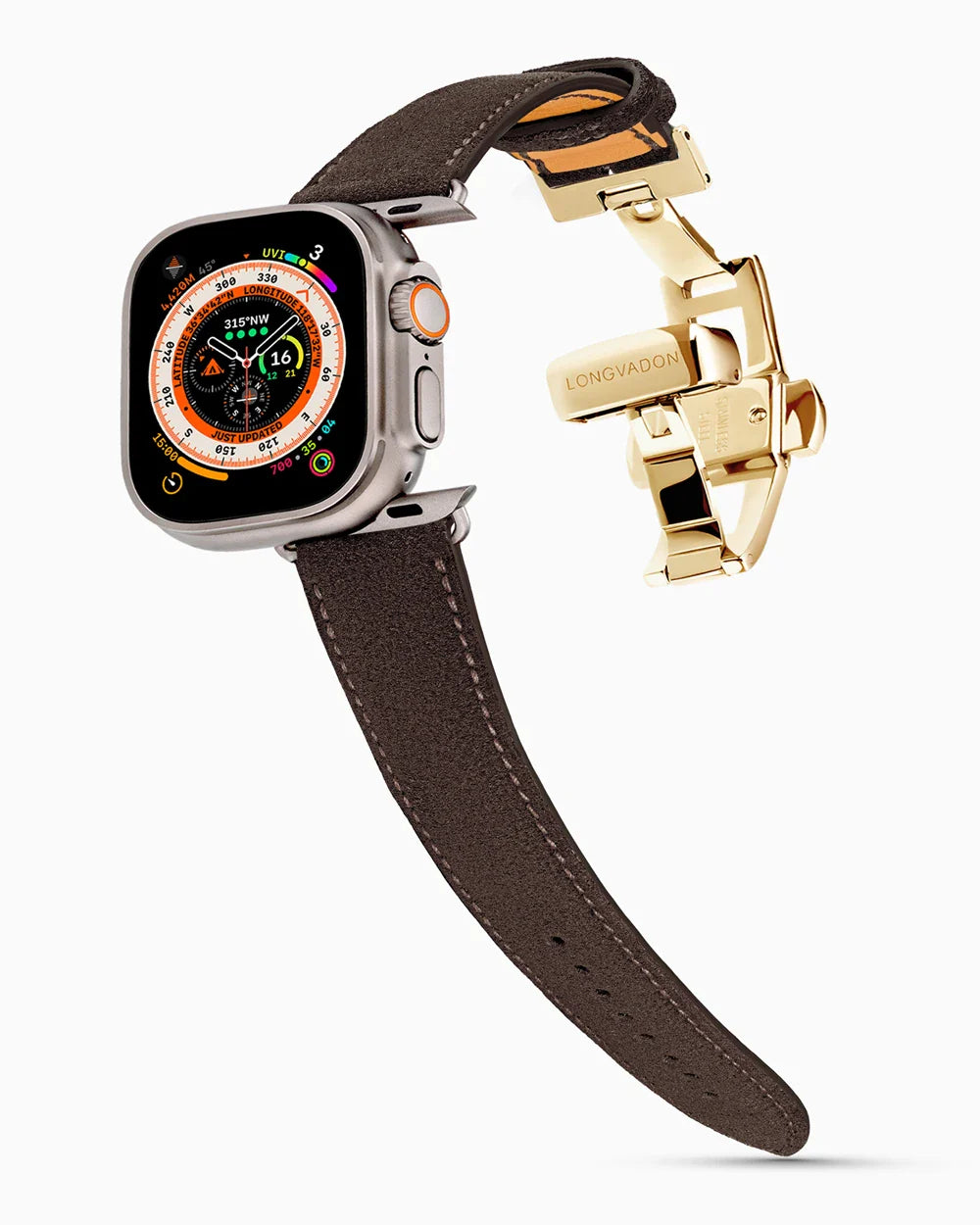 Janus Suede luxury Apple Watch leather band on an Apple Watch Ultra
