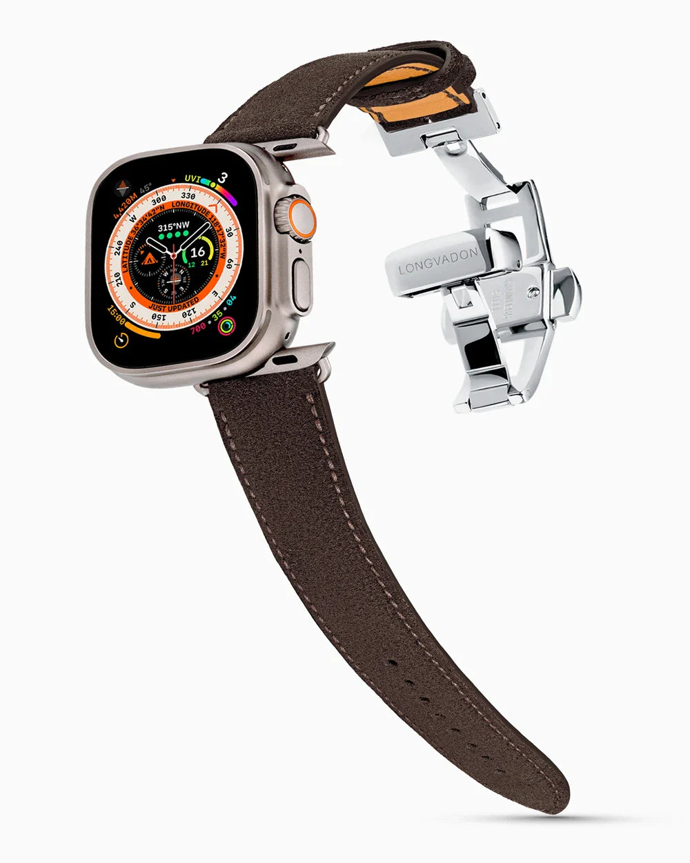 Janus Suede luxury Apple Watch leather band on an Apple Watch Ultra