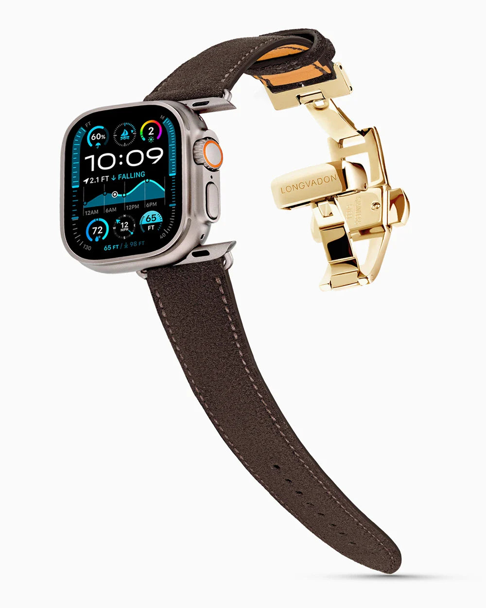 Janus Suede luxury Apple Watch leather band on an Apple Watch Ultra