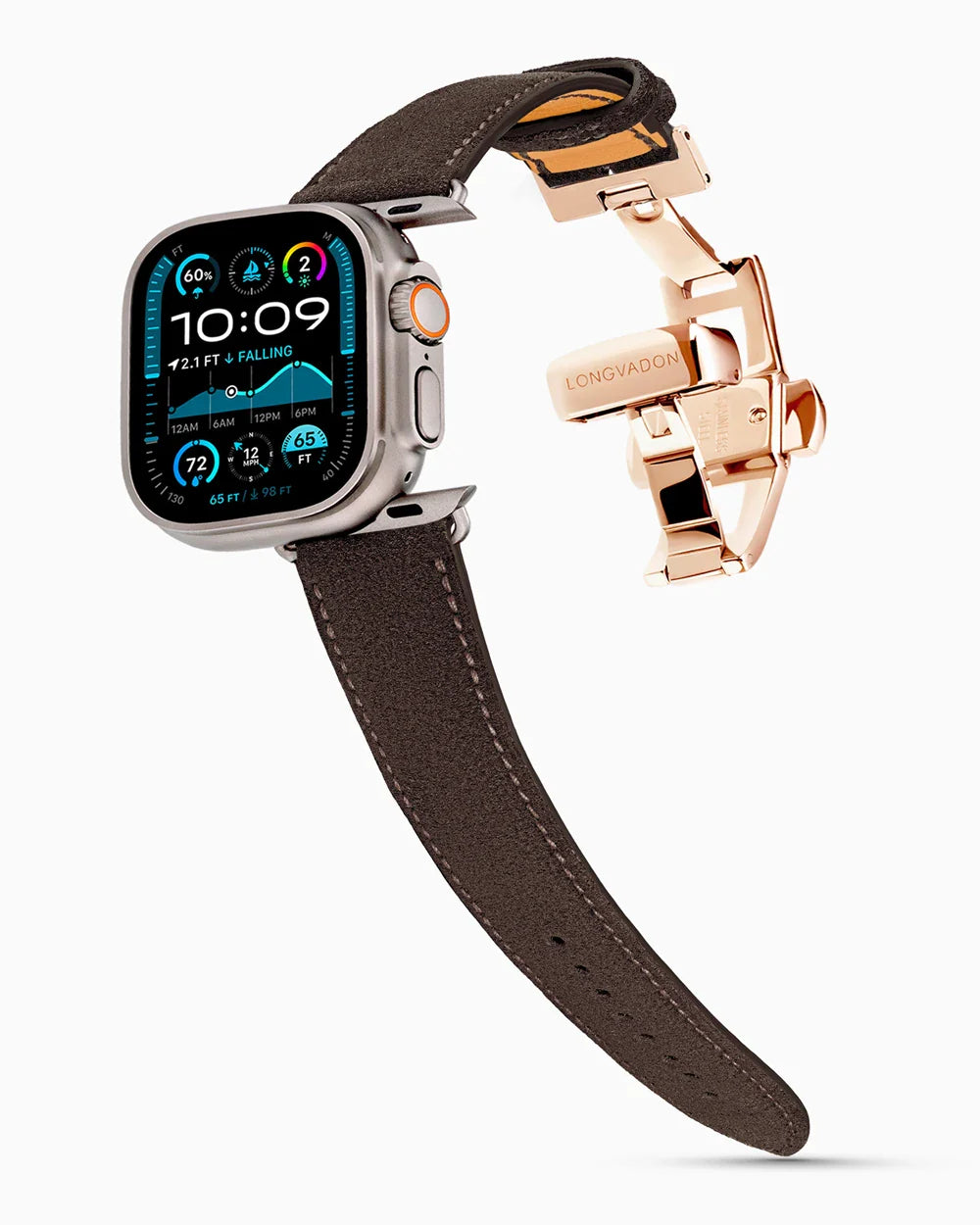 Janus Suede luxury Apple Watch leather band on an Apple Watch Ultra
