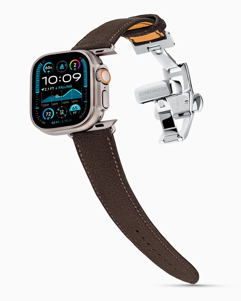 Janus Suede luxury Apple Watch leather band on an Apple Watch Ultra
