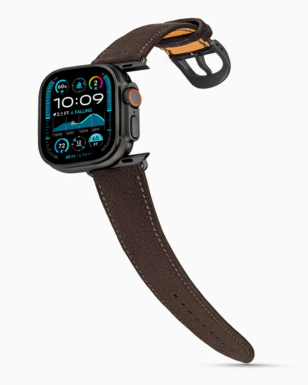 Janus Suede luxury Apple Watch leather band on an Apple Watch Ultra