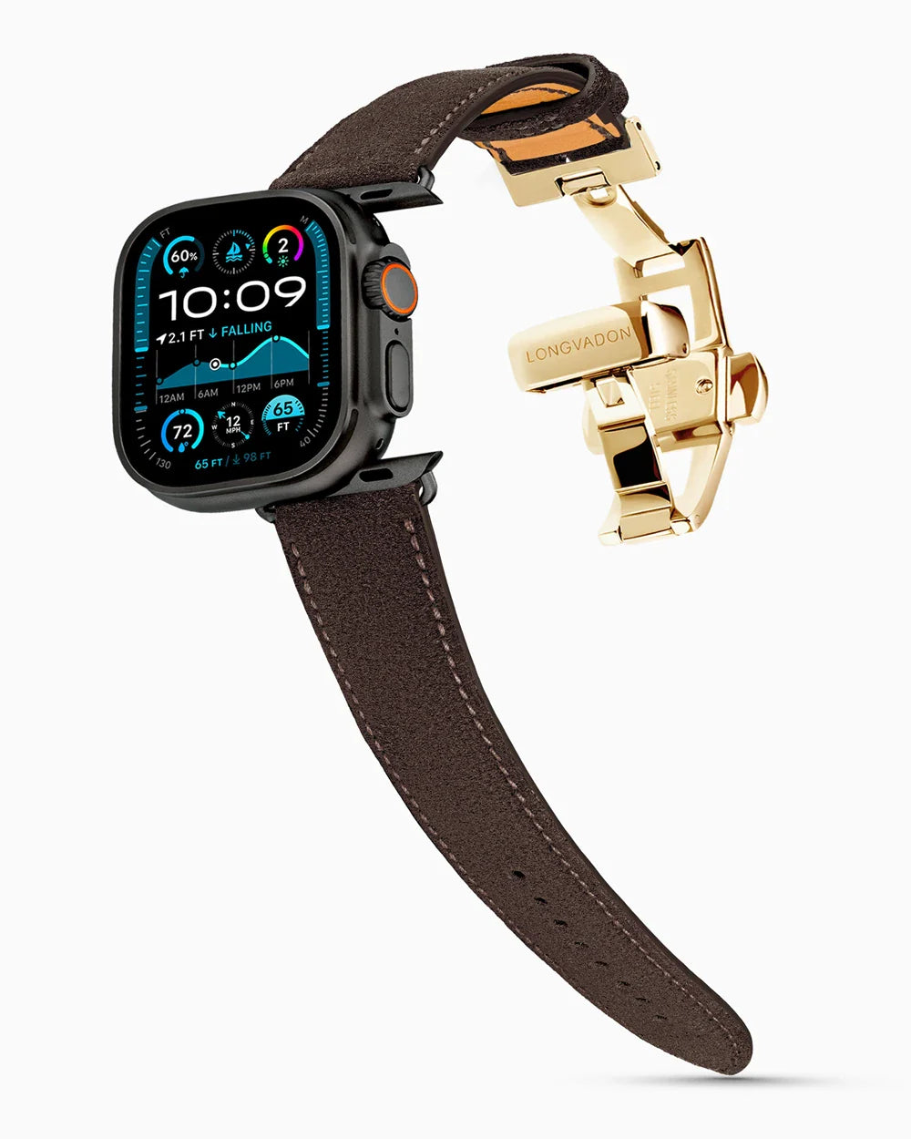 Janus Suede luxury Apple Watch leather band on an Apple Watch Ultra