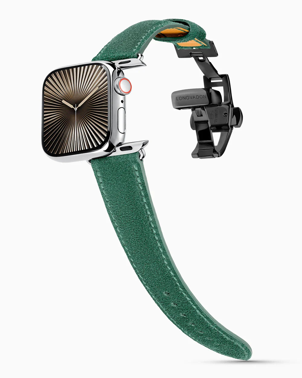 Janus Suede luxury Apple Watch leather band on a Series 10 Apple Watch