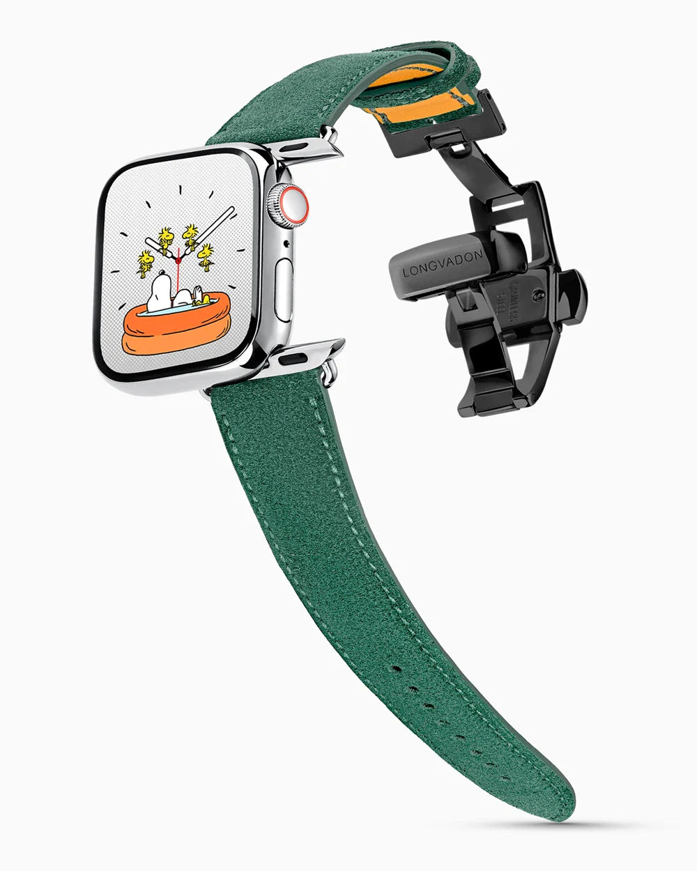 Janus Suede luxury Apple Watch leather band on a Series 9 Apple Watch