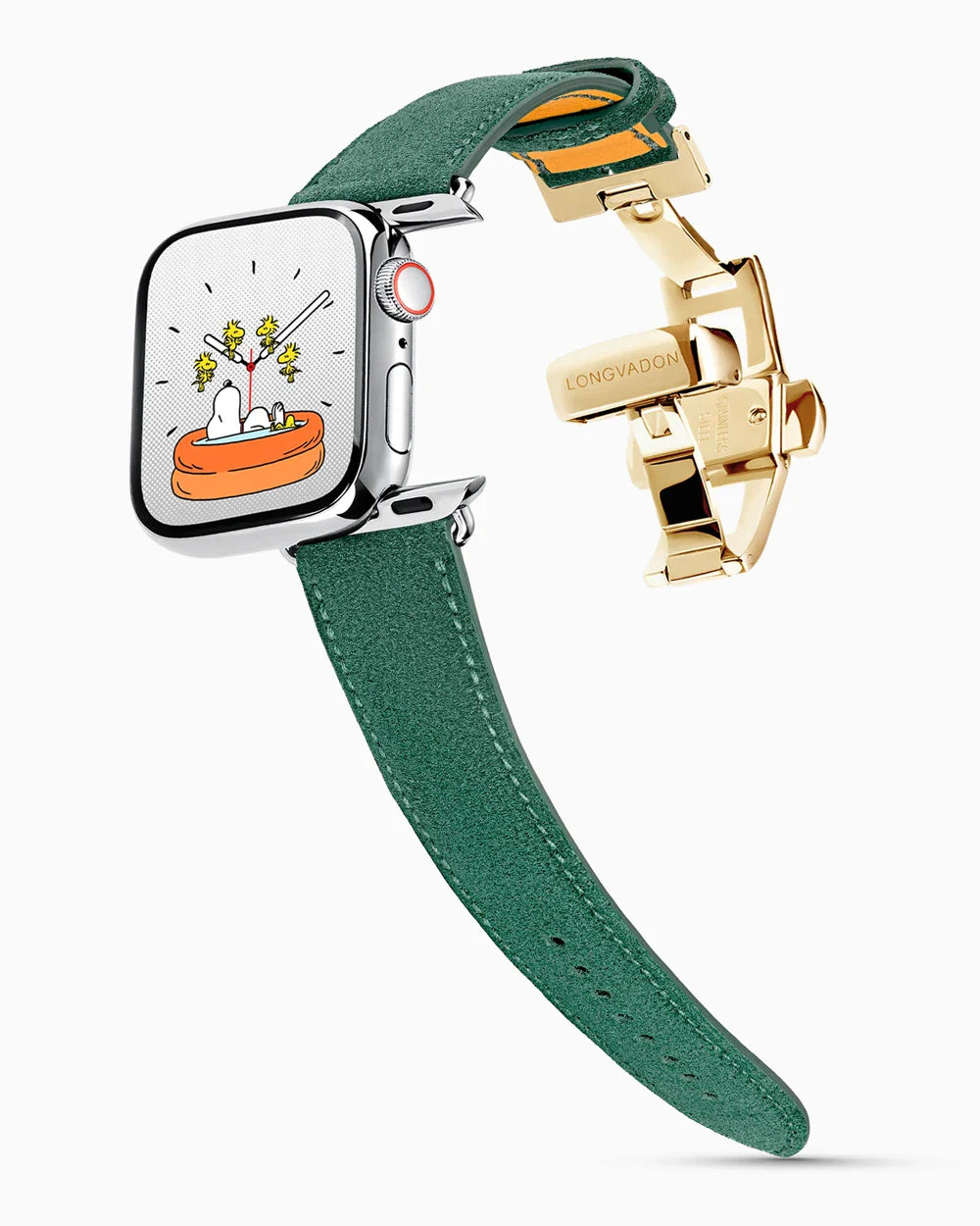 Janus Suede luxury Apple Watch leather band on a Series 9 Apple Watch