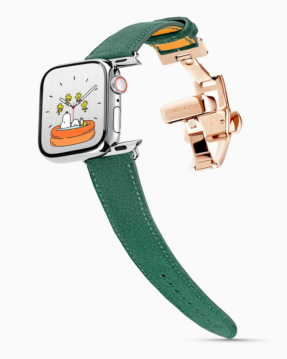 Janus Suede luxury Apple Watch leather band on a Series 9 Apple Watch