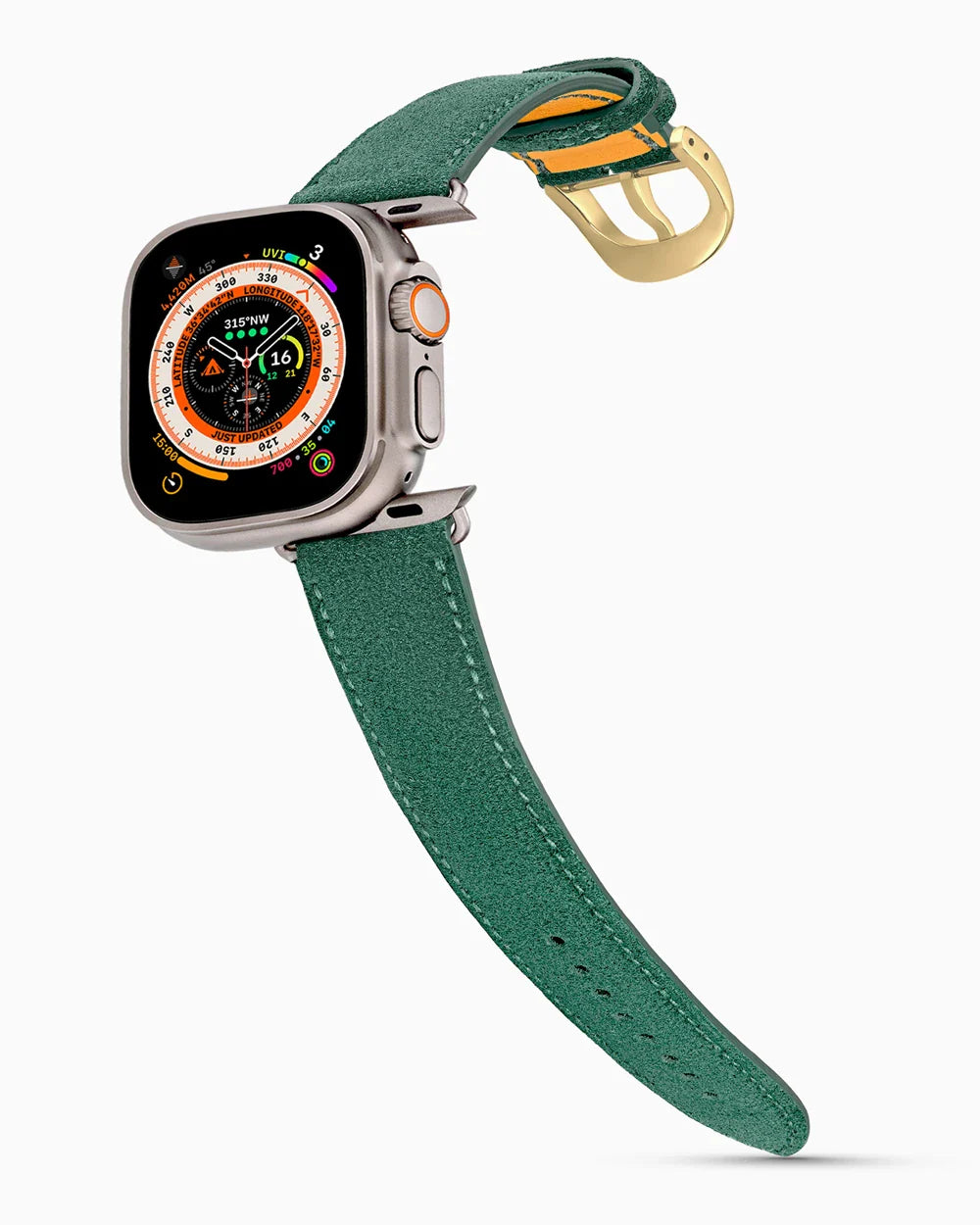 Janus Suede luxury Apple Watch leather band on an Apple Watch Ultra