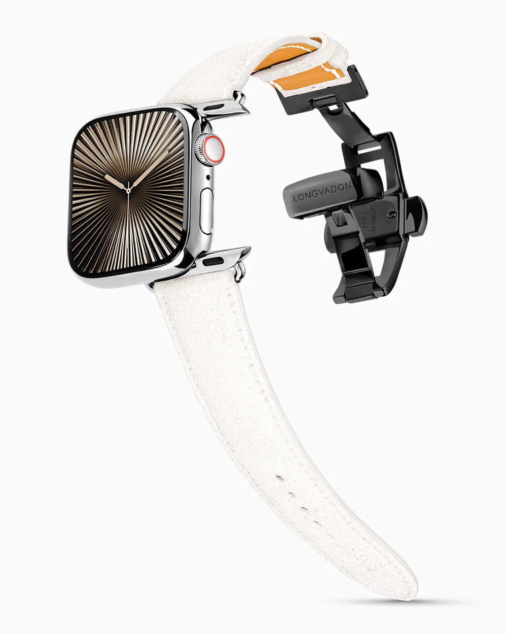 Janus Suede luxury Apple Watch leather band on a Series 10 Apple Watch