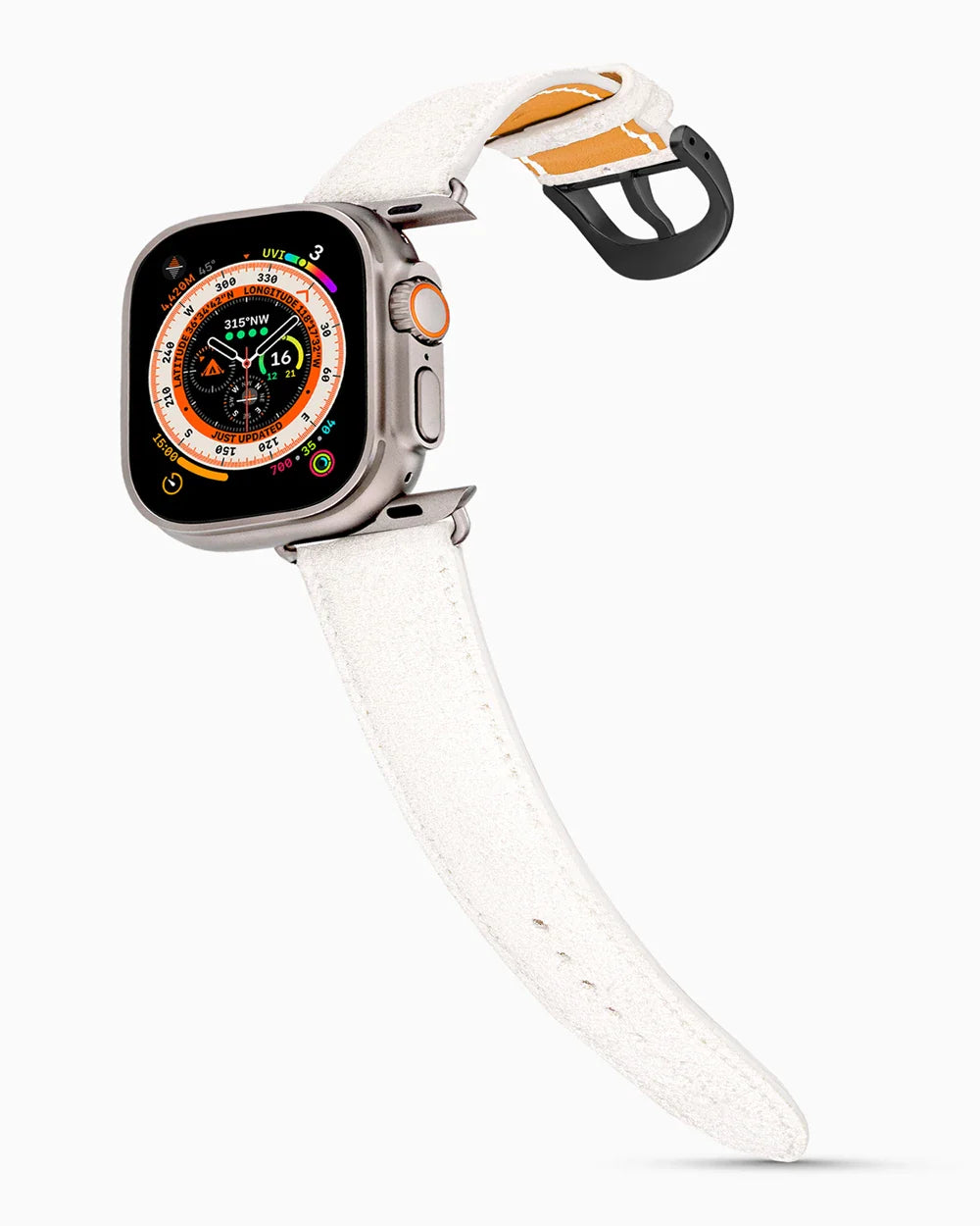 Janus Suede luxury Apple Watch leather band on an Apple Watch Ultra