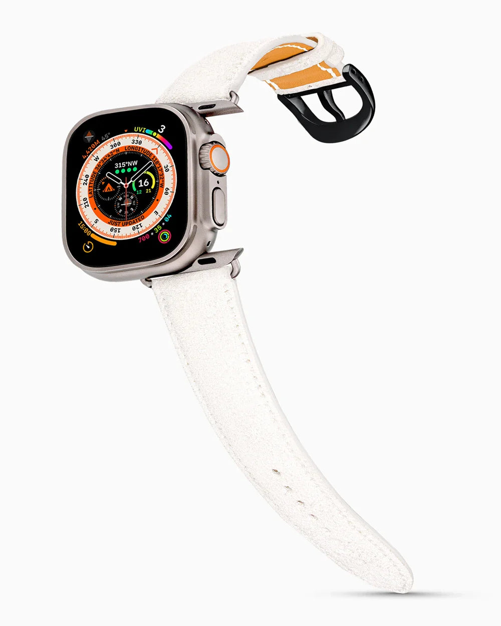 Janus Suede luxury Apple Watch leather band on an Apple Watch Ultra