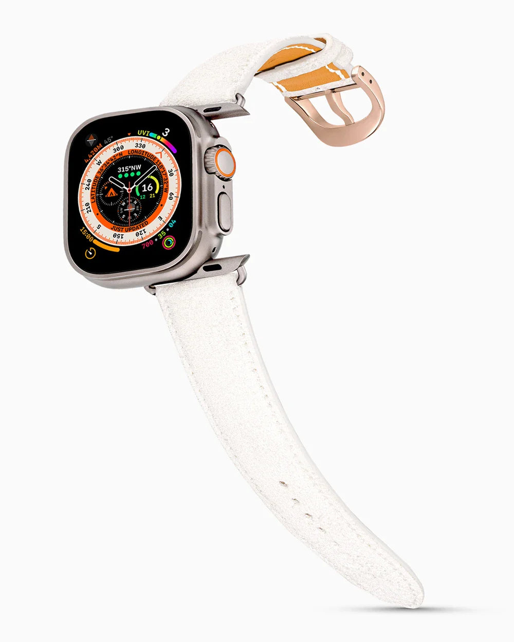 Janus Suede luxury Apple Watch leather band on an Apple Watch Ultra