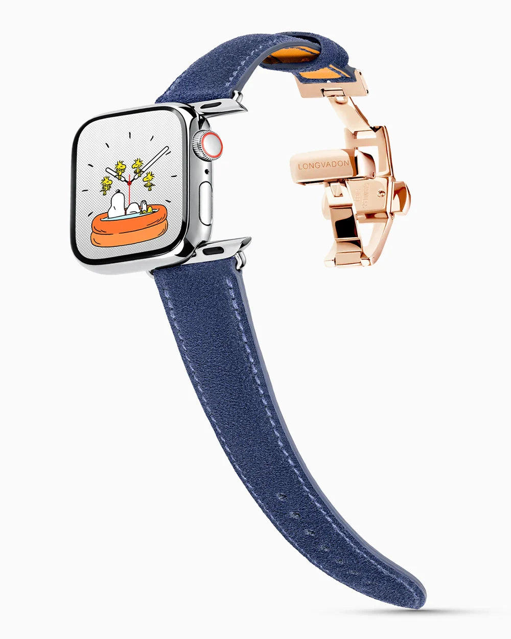 Janus Suede luxury Apple Watch leather band on a Series 9 Apple Watch