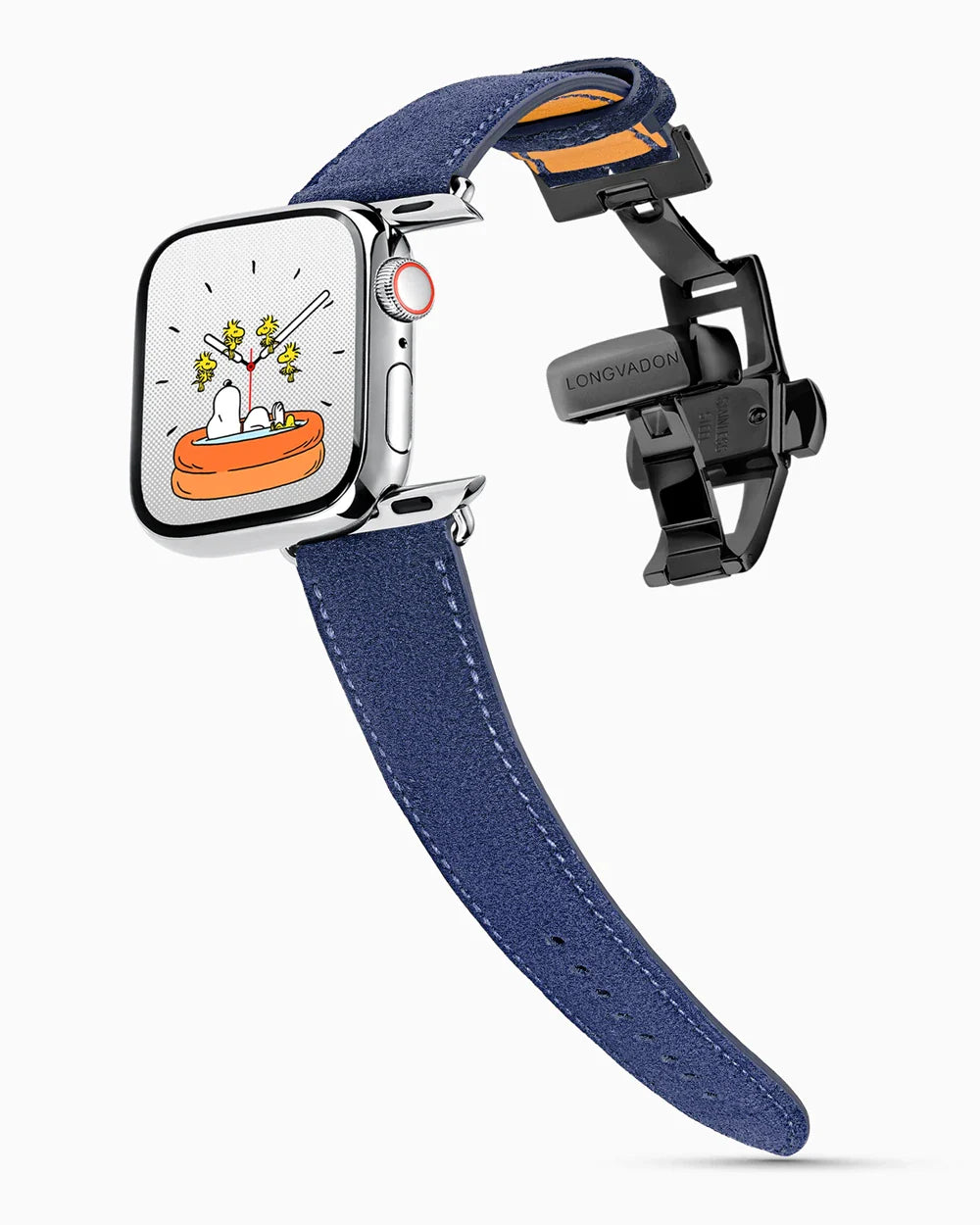 Janus Suede luxury Apple Watch leather band on a Series 9 Apple Watch