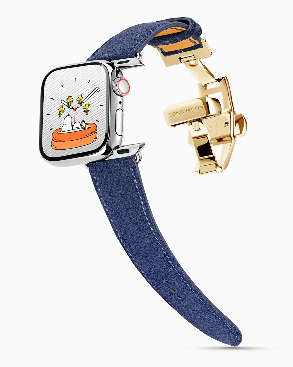 Janus Suede luxury Apple Watch leather band on a Series 9 Apple Watch