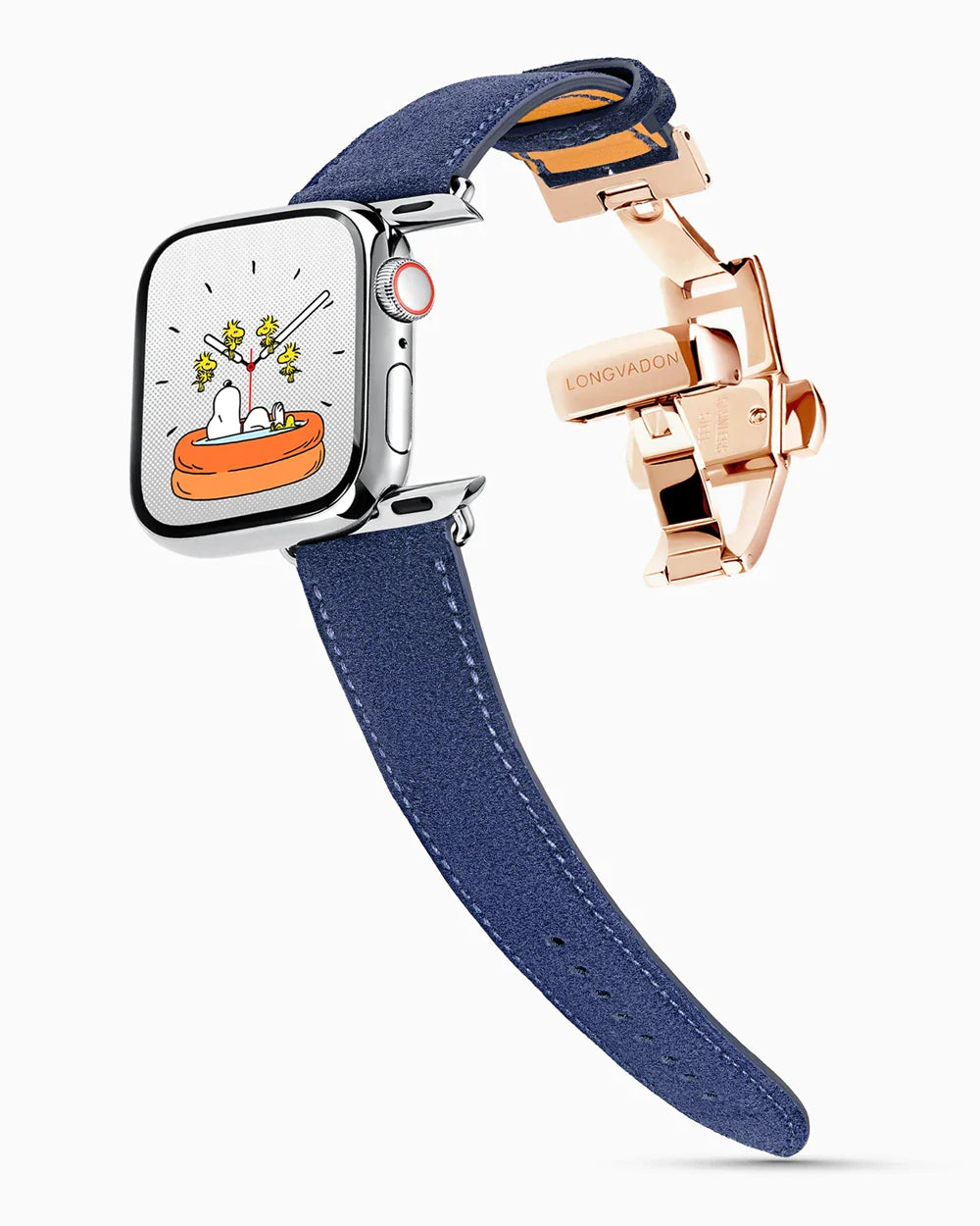 Janus Suede luxury Apple Watch leather band on a Series 9 Apple Watch