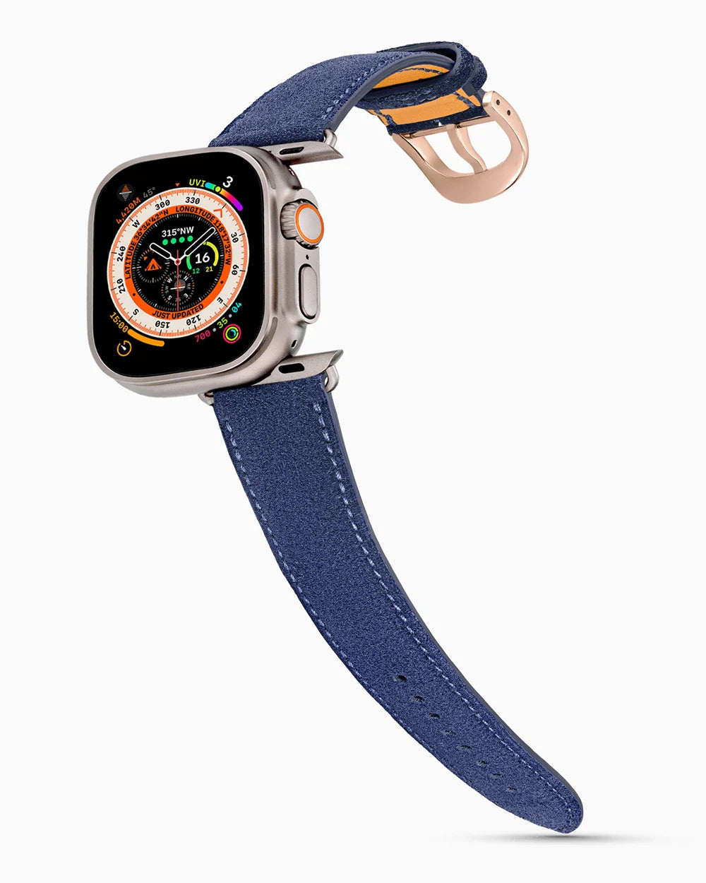Janus Suede luxury Apple Watch leather band on an Apple Watch Ultra