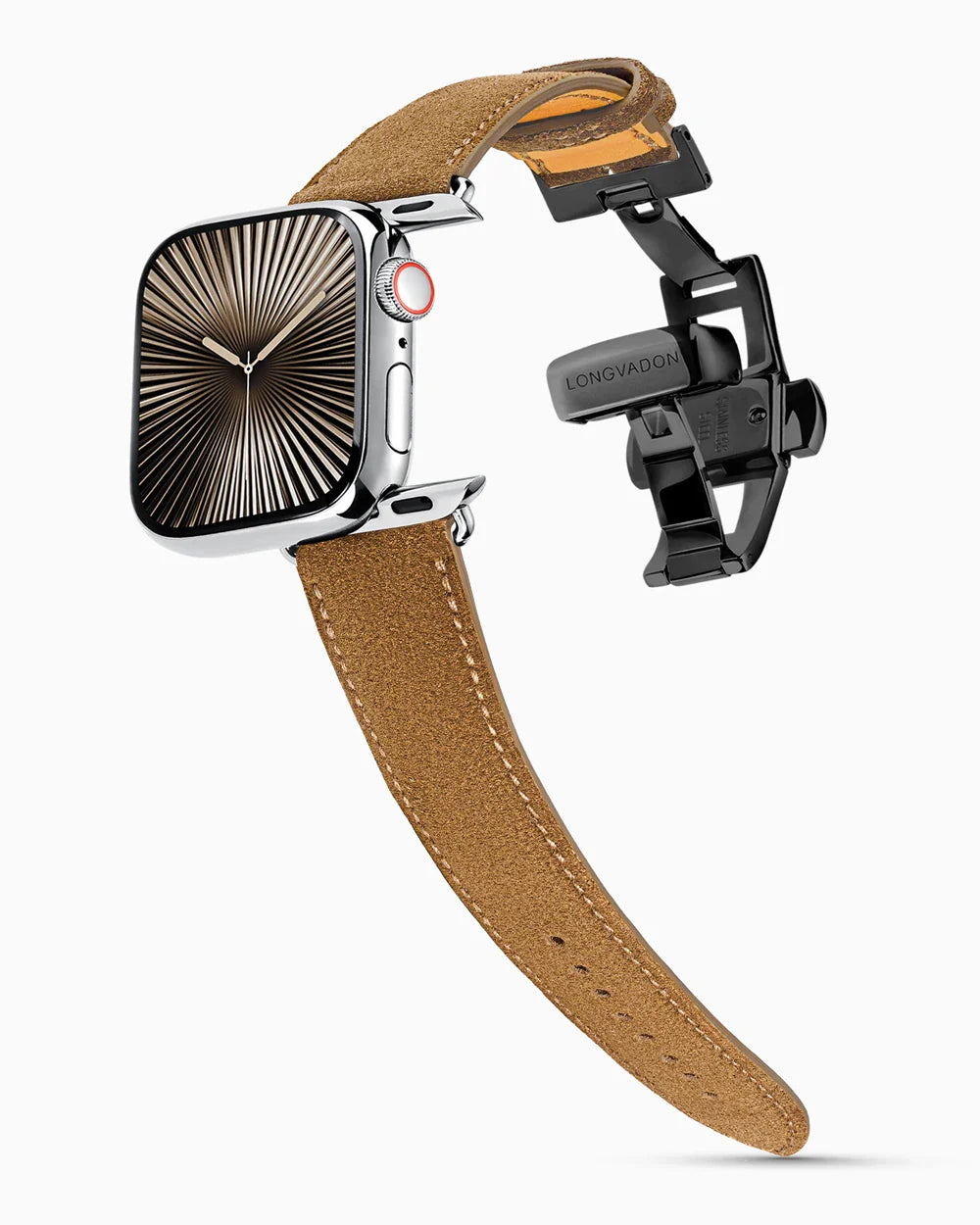 Janus Suede luxury Apple Watch leather band on a Series 10 Apple Watch
