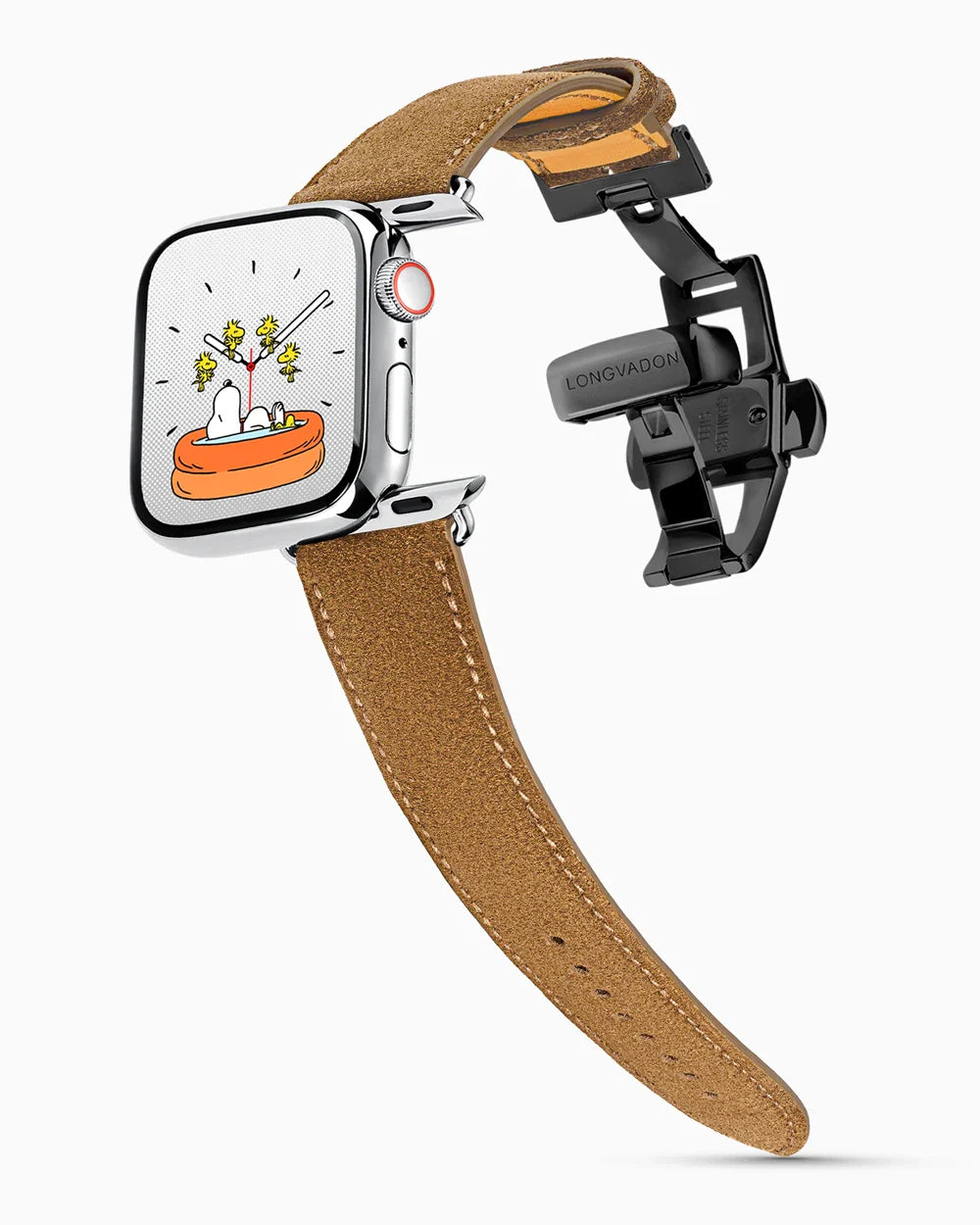 Janus Suede luxury Apple Watch leather band on a Series 9 Apple Watch