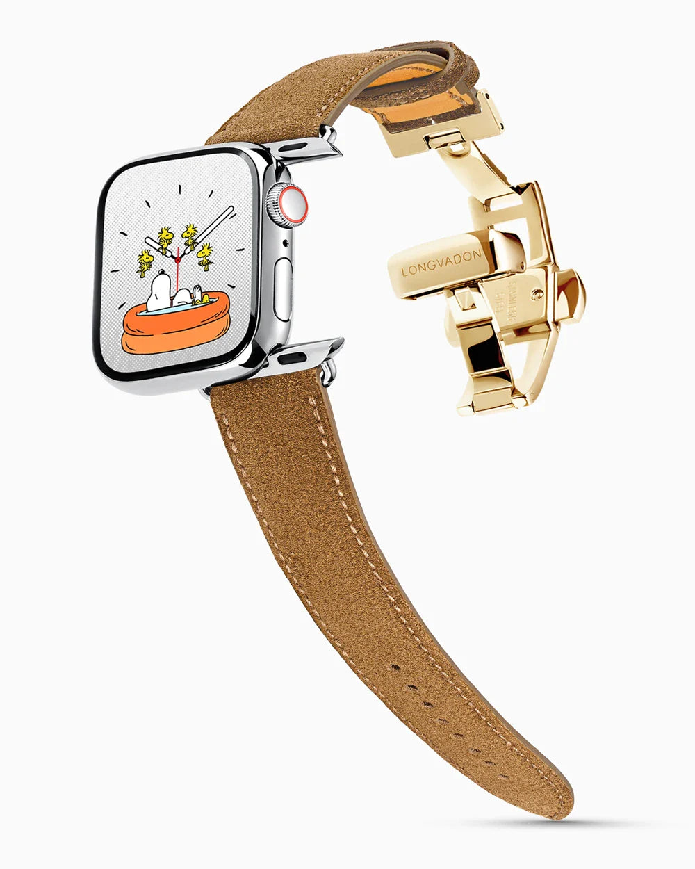 Janus Suede luxury Apple Watch leather band on a Series 9 Apple Watch