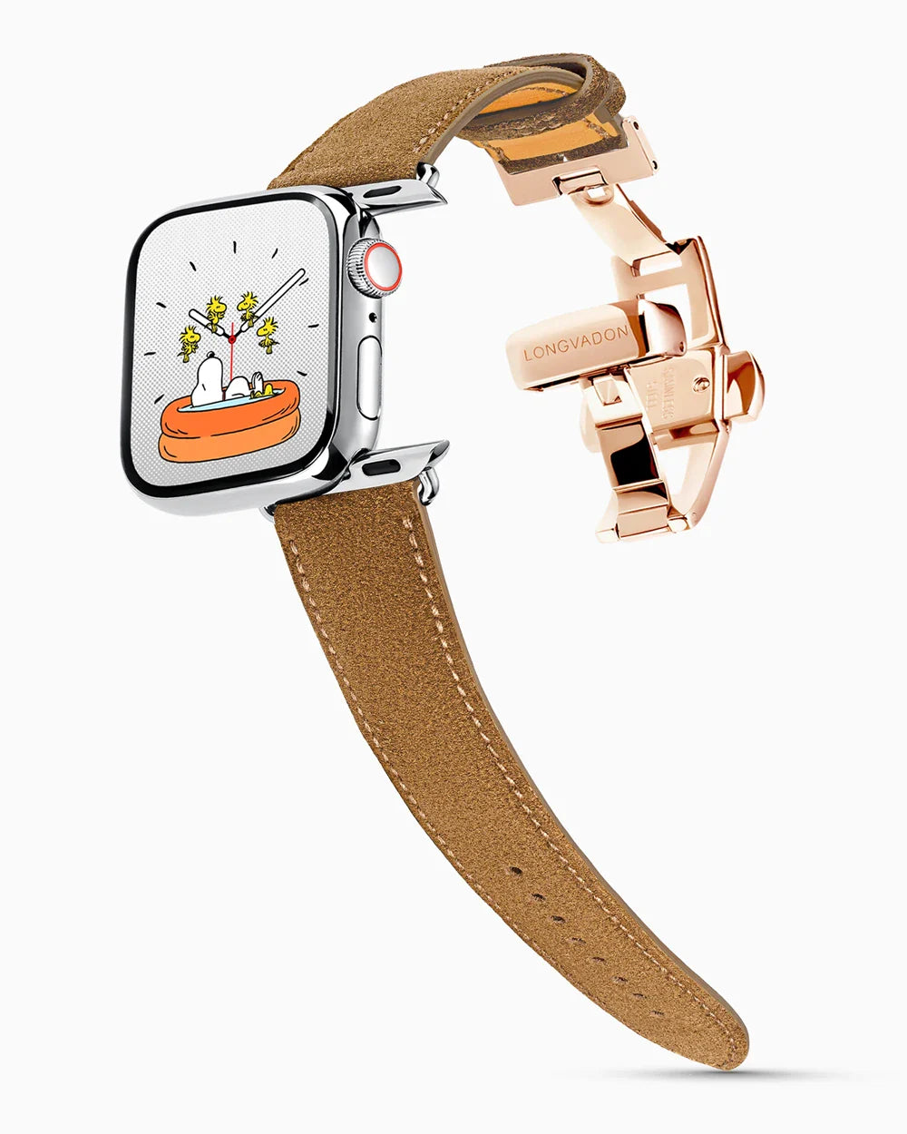 Janus Suede luxury Apple Watch leather band on a Series 9 Apple Watch