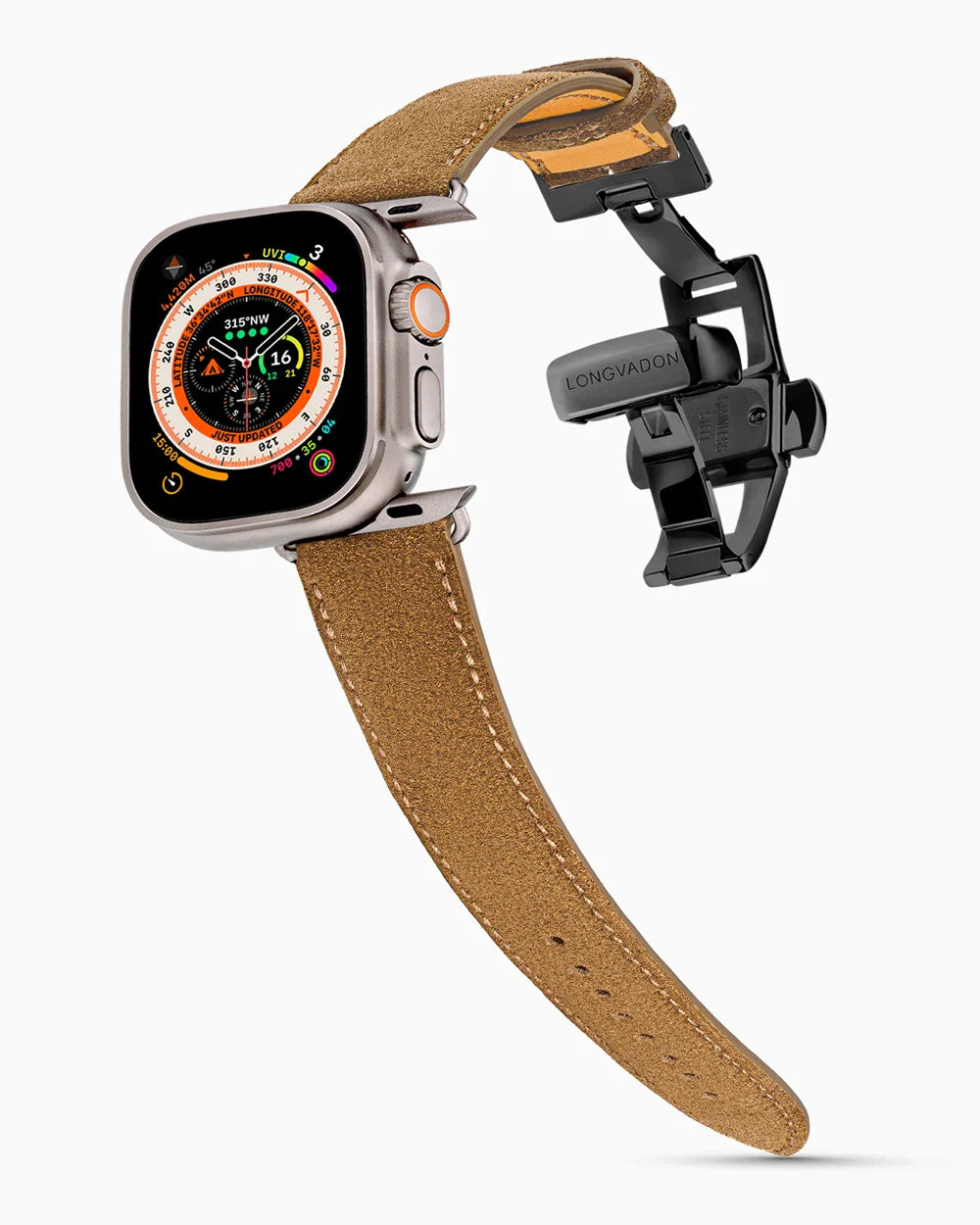 Janus Suede luxury Apple Watch leather band on an Apple Watch Ultra