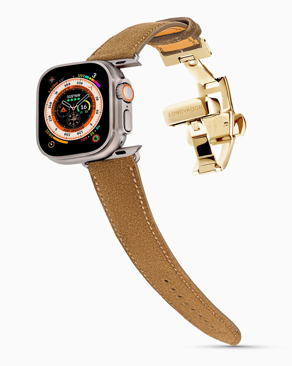 Janus Suede luxury Apple Watch leather band on an Apple Watch Ultra