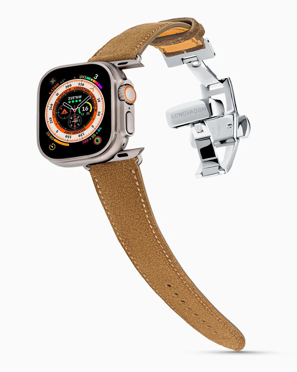 Janus Suede luxury Apple Watch leather band on an Apple Watch Ultra