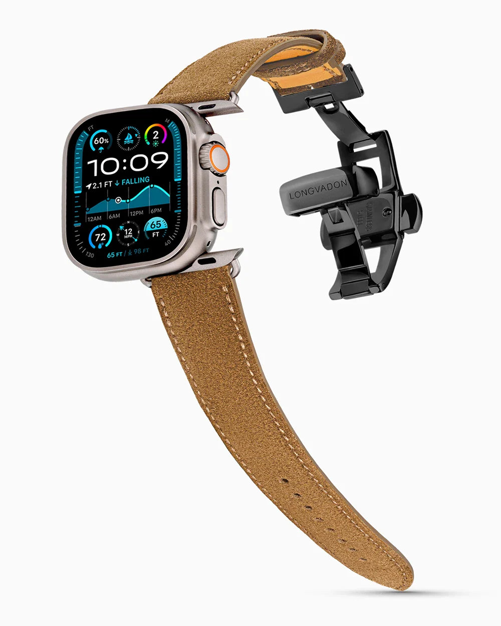 Janus Suede luxury Apple Watch leather band on an Apple Watch Ultra