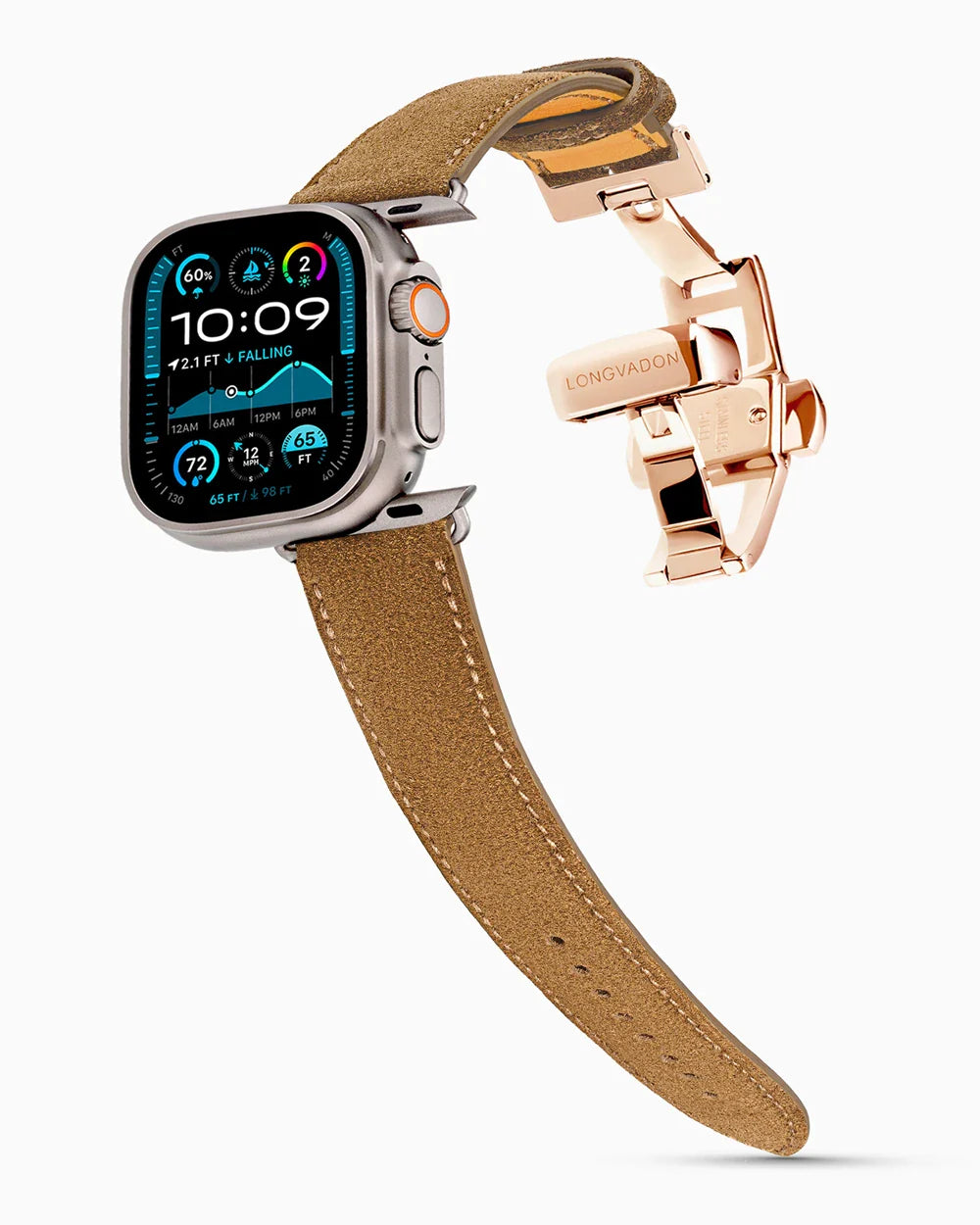 Janus Suede luxury Apple Watch leather band on an Apple Watch Ultra