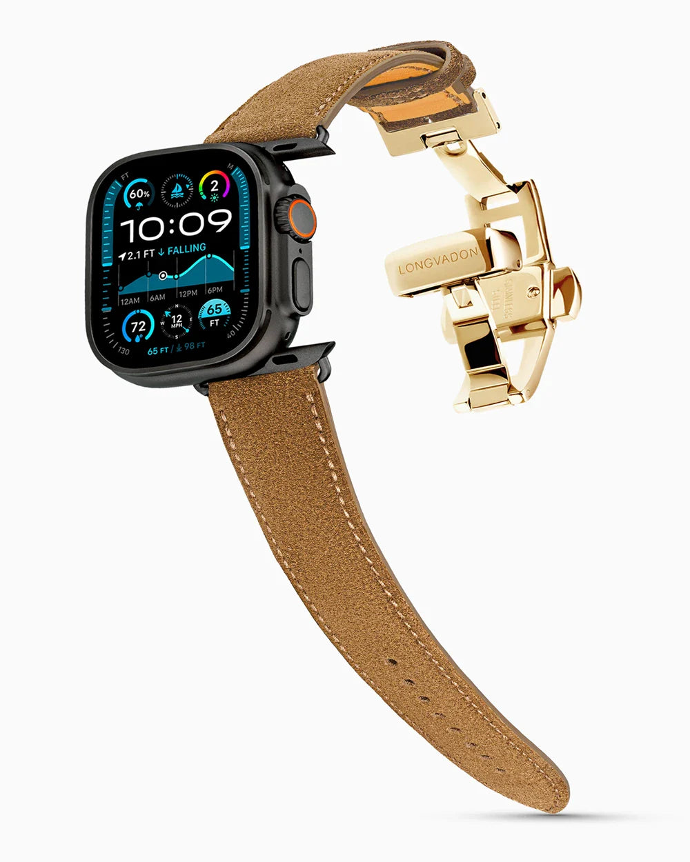 Janus Suede luxury Apple Watch leather band on an Apple Watch Ultra