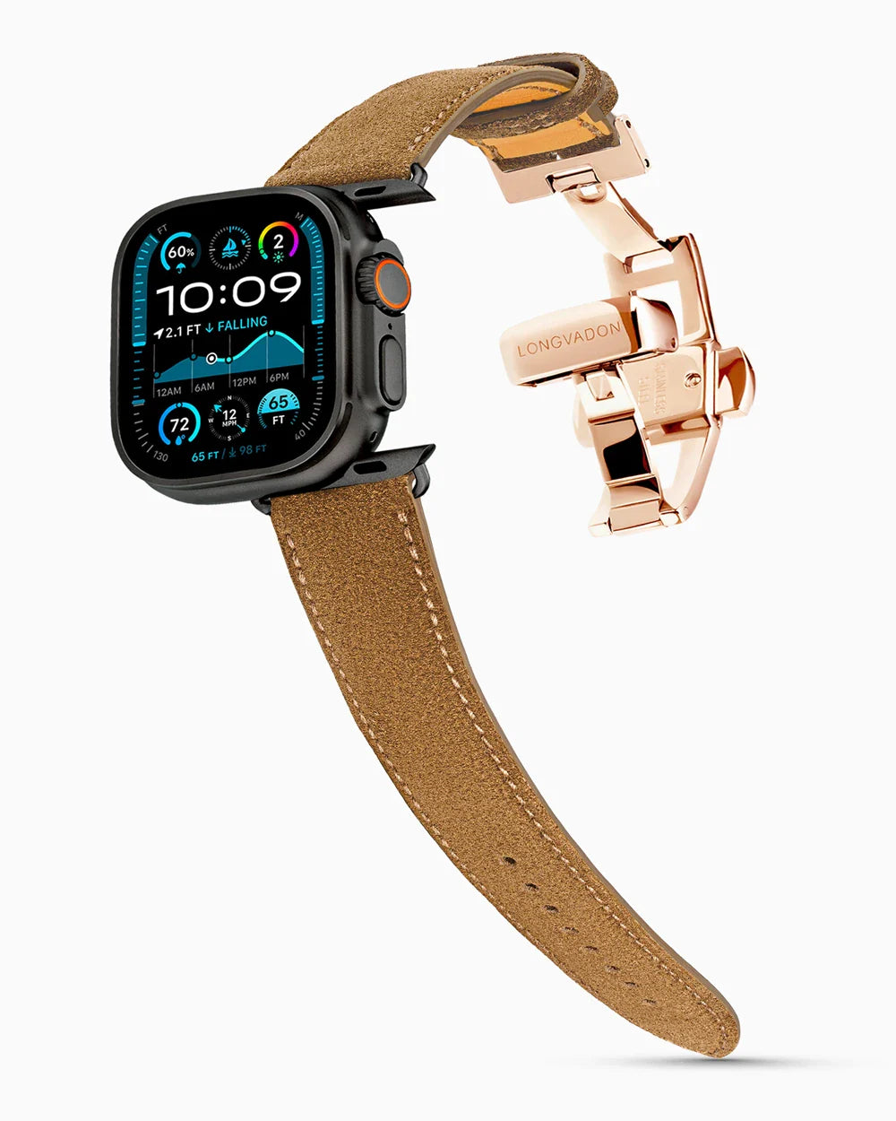 Janus Suede luxury Apple Watch leather band on an Apple Watch Ultra
