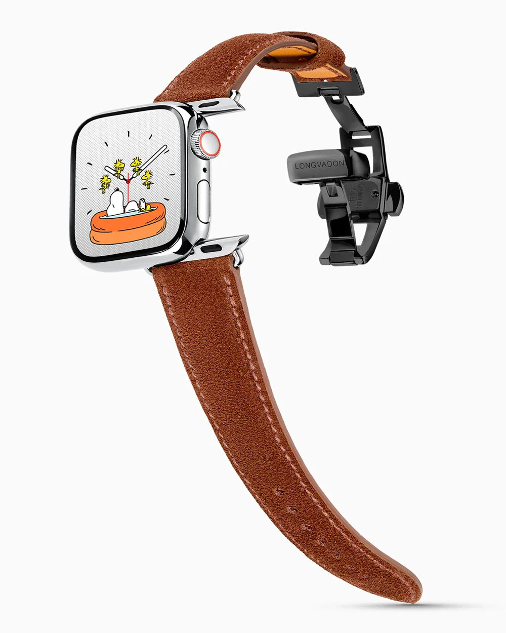 Janus Suede luxury Apple Watch leather band on a Series 9 Apple Watch