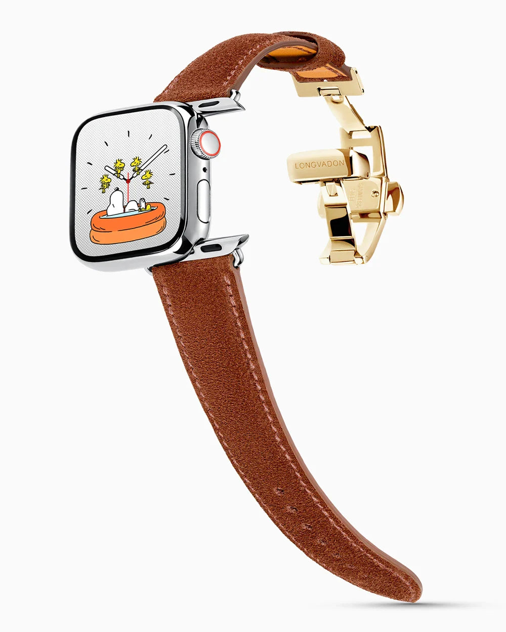 Janus Suede luxury Apple Watch leather band on a Series 9 Apple Watch