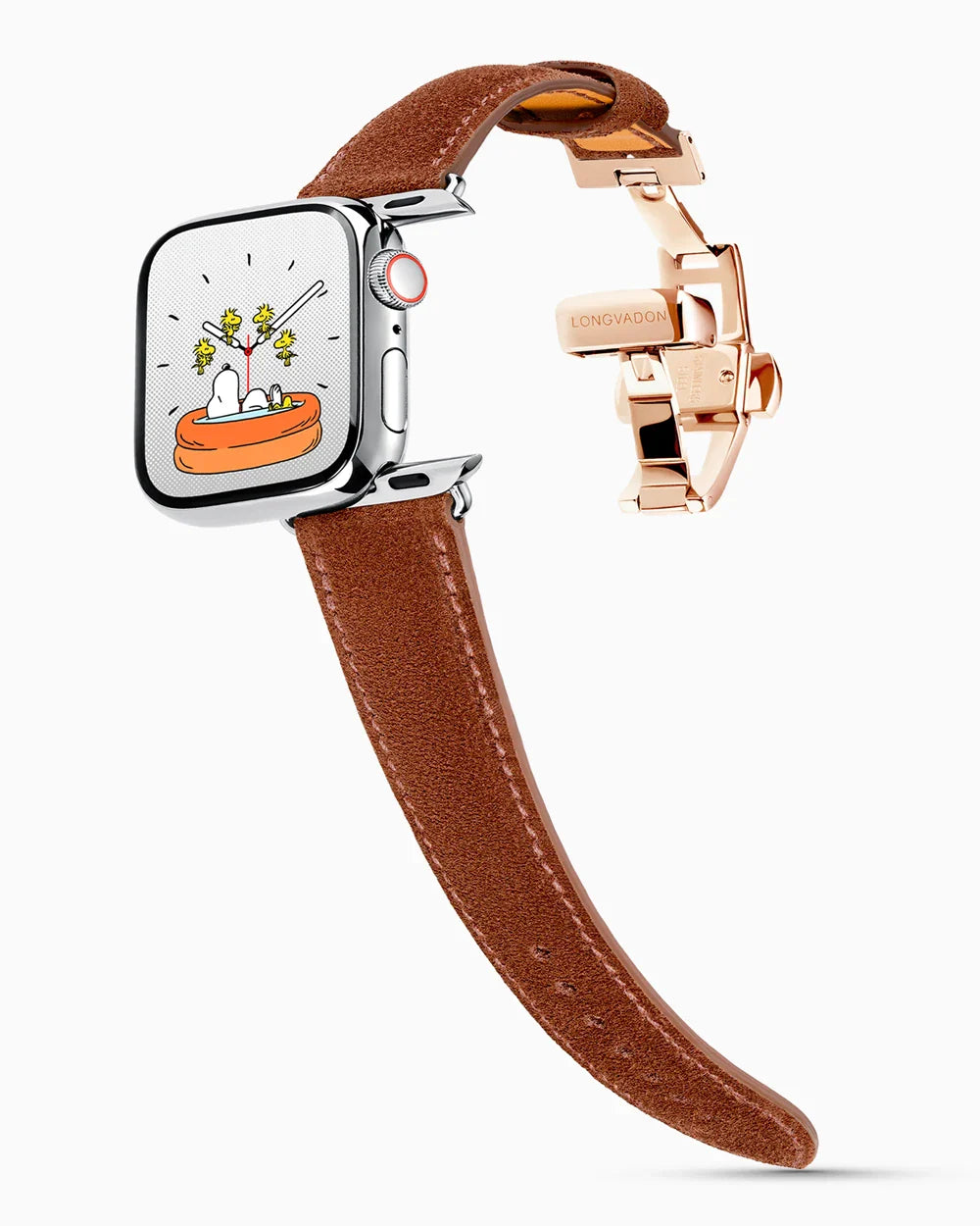 Janus Suede luxury Apple Watch leather band on a Series 9 Apple Watch